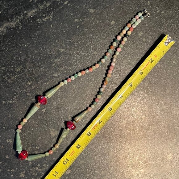 Natural Stone and Red Glass Bead Necklace - Picture 7 of 8